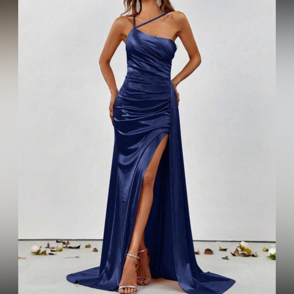 Luxurious asymmetrical neck slit thigh satin dress